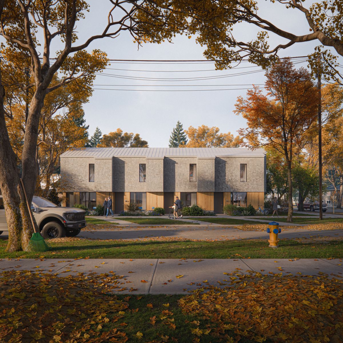 Rendu 3D d’une maison en rangée dans un quartier en automne.
